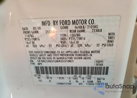 2008 Ford Escape Xlt from USA, damaged, VIN 1FMCU93128KD31961